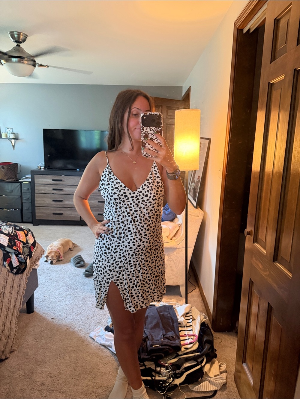 Reformation Black and White Spotted Slip Dress